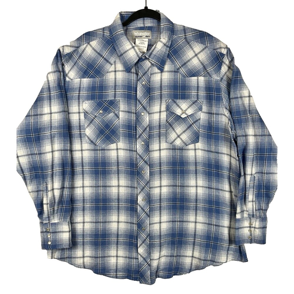 Wrangler Wrancher Shirt Pearl Snaps Flannel L/S Blue Men’s 2XL Western Cowboy